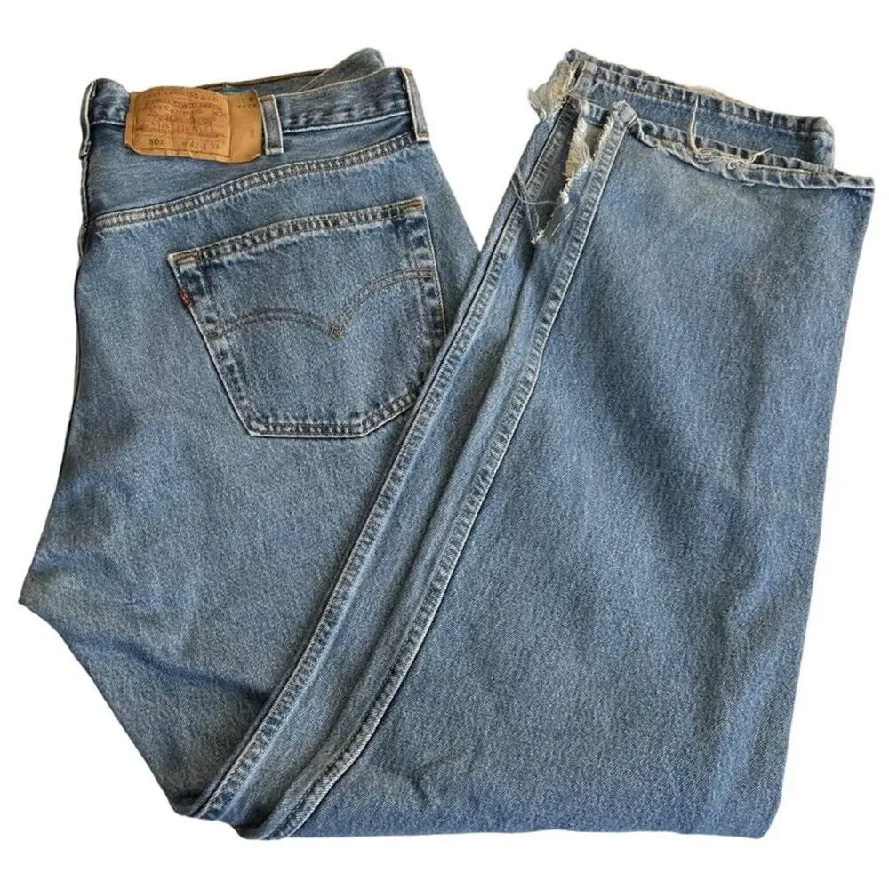 Vintage Levi's 501 USA Made Button Fly Jeans Distressed Hem 42x34 W42